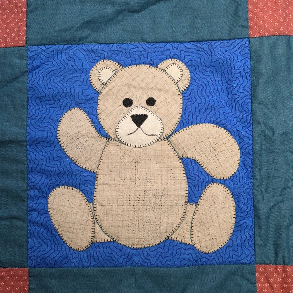 Handmade Teddy Bear Patchwork Quilt Wall Hanging Blue Teal Red Brown Nursery